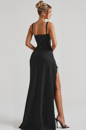 Black Sheath Spaghetti Straps Maxi Long Formal Dress with Slit